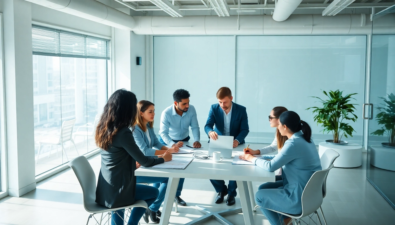 Team brainstorming outsourcing strategies in a modern office with diverse professionals.