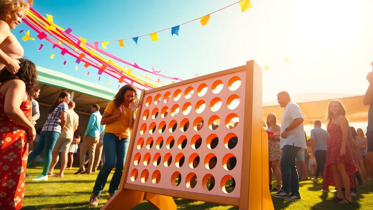 Guests engaged in a lively game of Giant Connect Four at an outdoor event, showcasing social interaction.