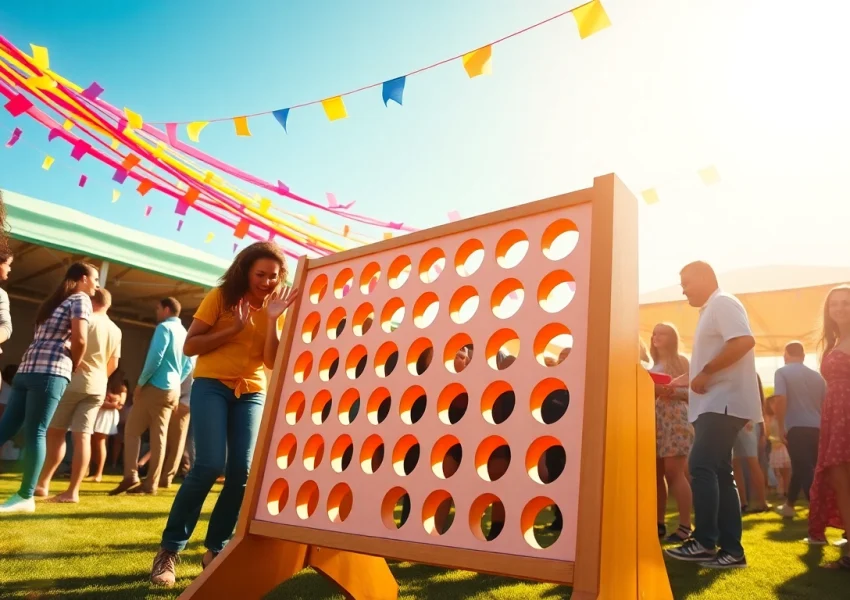 Guests engaged in a lively game of Giant Connect Four at an outdoor event, showcasing social interaction.