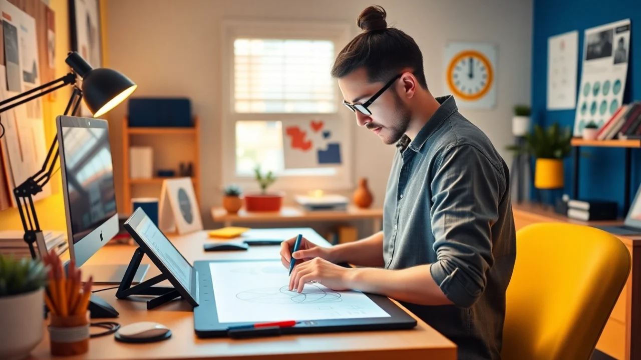 Showcasing professional graphic design in a creative workspace with a designer working on a digital tablet.