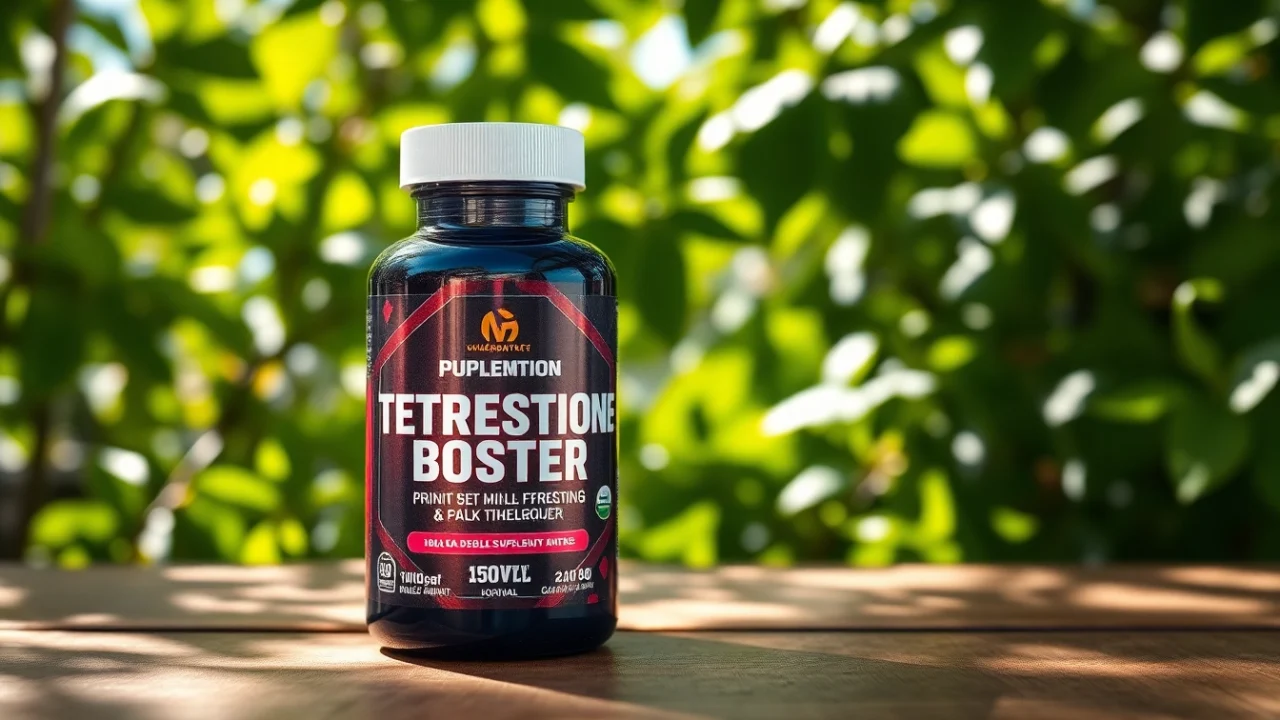 Capture a testosterone-booster supplement bottle showcasing its vibrant label against a wooden surface, promoting health.