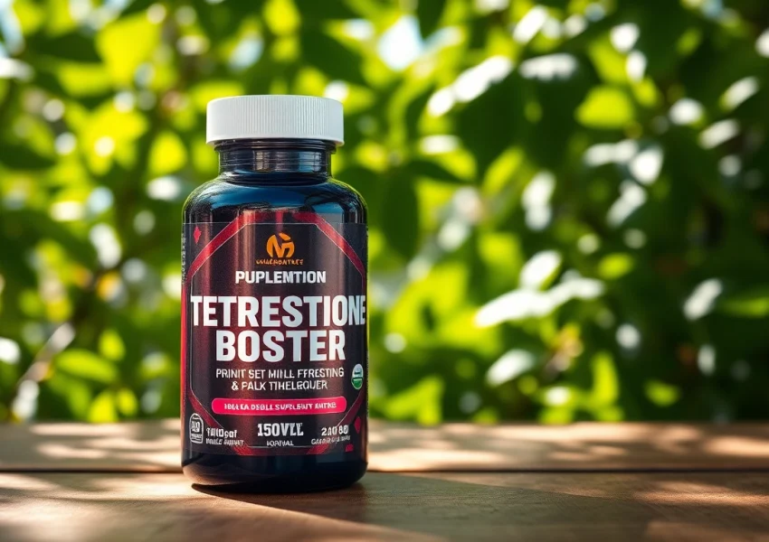 Capture a testosterone-booster supplement bottle showcasing its vibrant label against a wooden surface, promoting health.