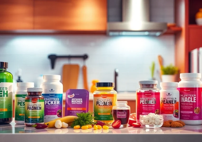 Showcase a range of dietary supplements in stylish packaging on a counter, highlighting health and vitality.