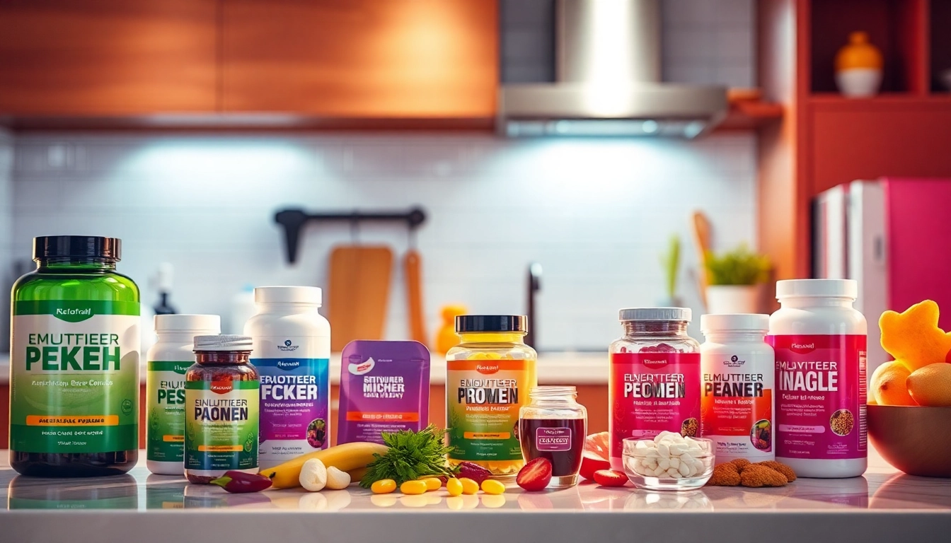 Showcase a range of dietary supplements in stylish packaging on a counter, highlighting health and vitality.