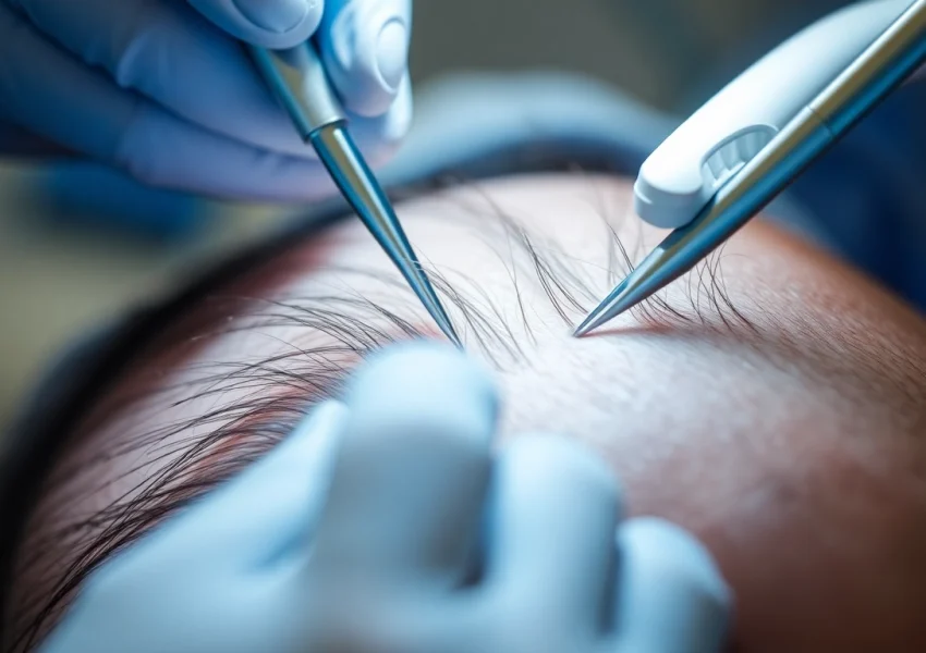 Surgeon performing a hair transplant on a patient in a clinical setting, showcasing precision and care.