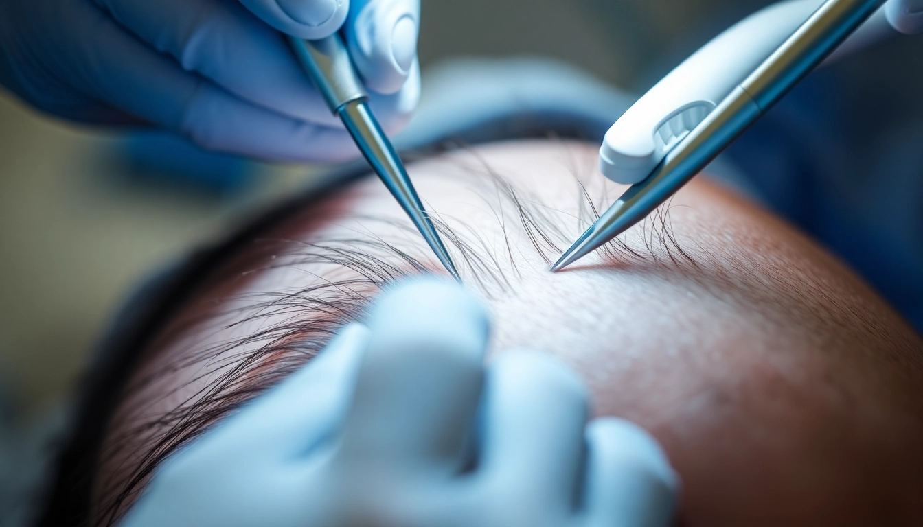 Surgeon performing a hair transplant on a patient in a clinical setting, showcasing precision and care.