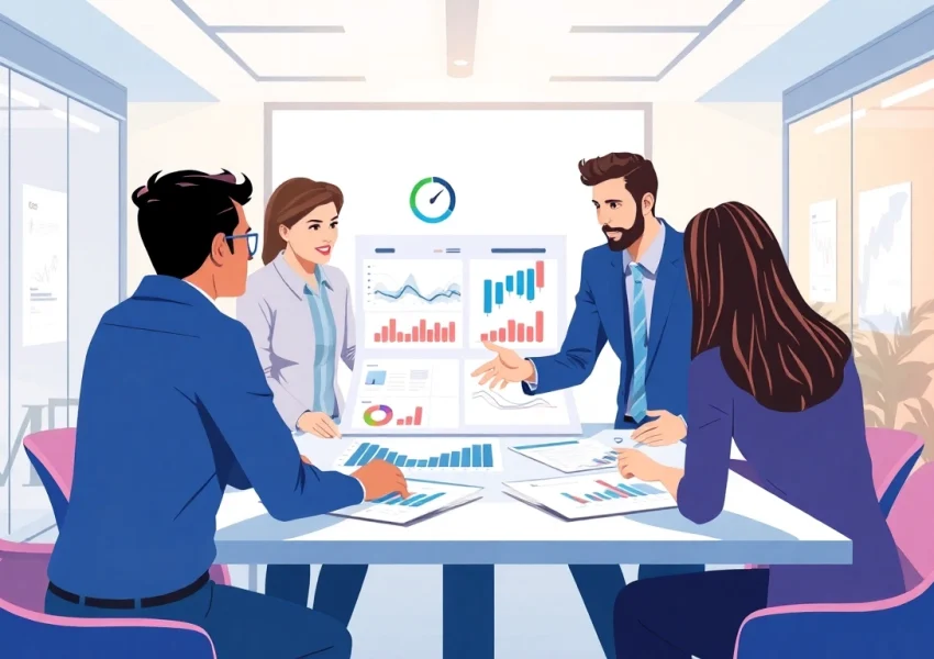 Team conducting a competitor analysis with charts and data in a bright office space.