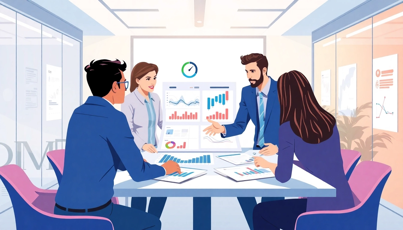 Team conducting a competitor analysis with charts and data in a bright office space.