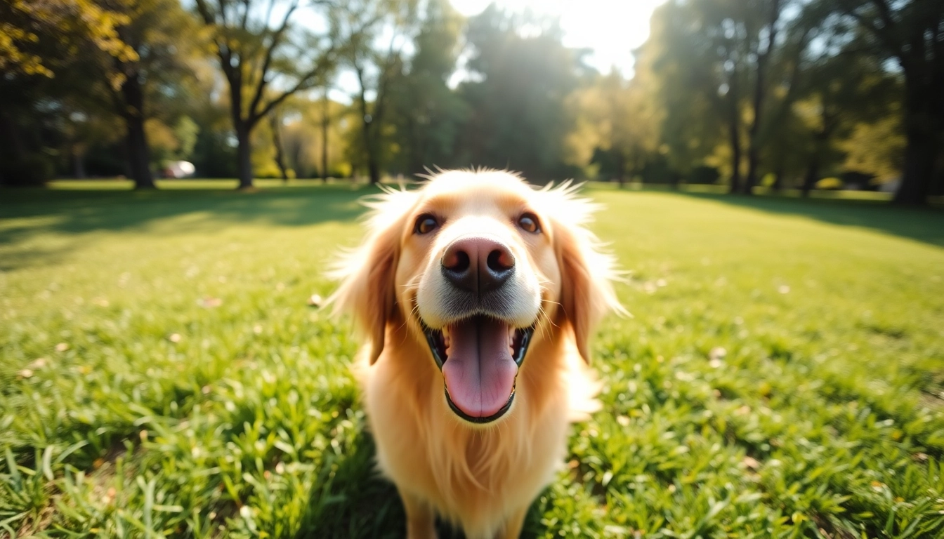 Engage with Kate's K9 Pet Care by watching a joyful golden retriever playing in a sunny park.