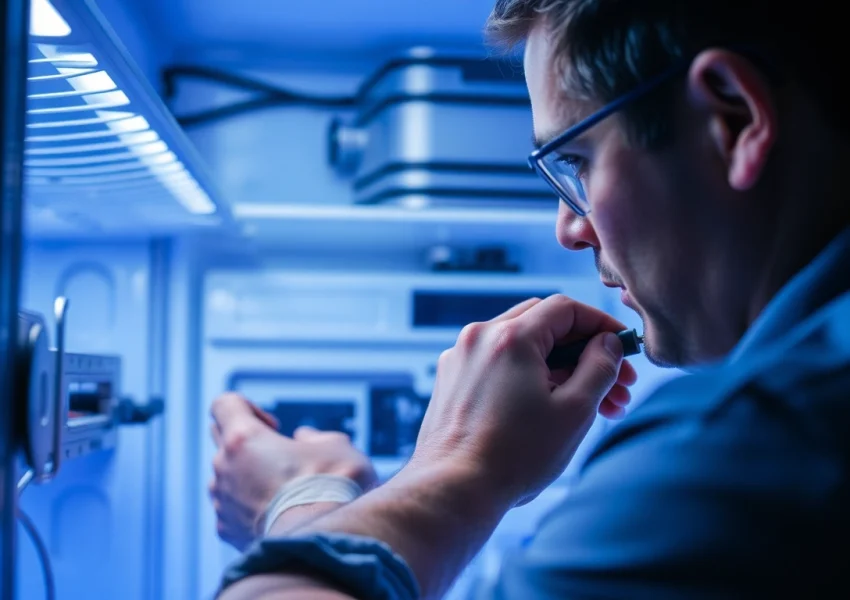 Technician performing walk in freezer repair, highlighting precision tools and equipment used during maintenance.