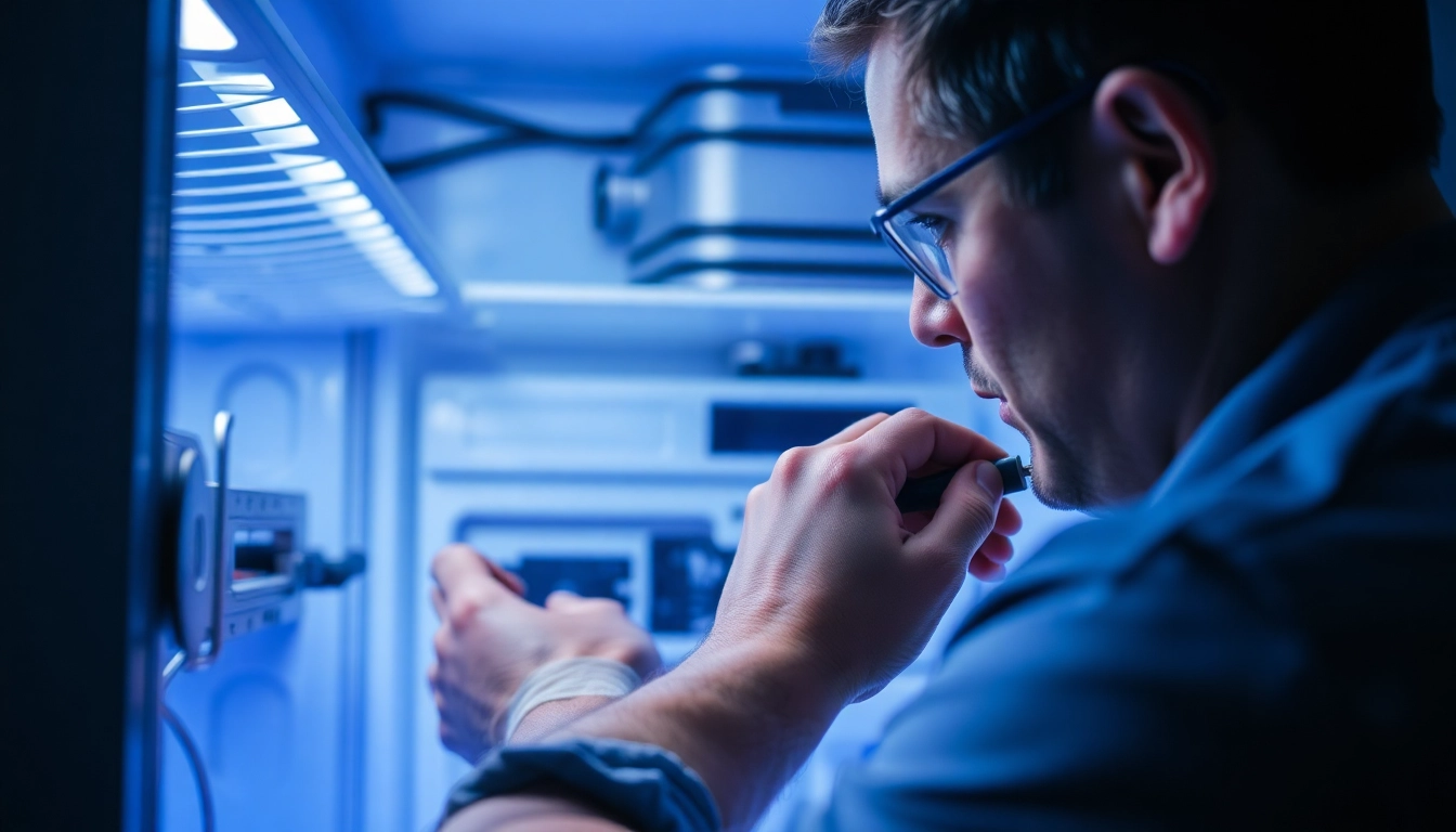 Technician performing walk in freezer repair, highlighting precision tools and equipment used during maintenance.