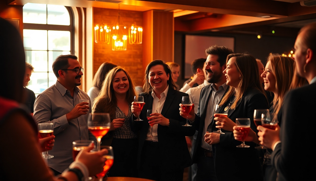 Engaged colleagues enjoying an After Work Party with drinks and laughter in a stylish venue.