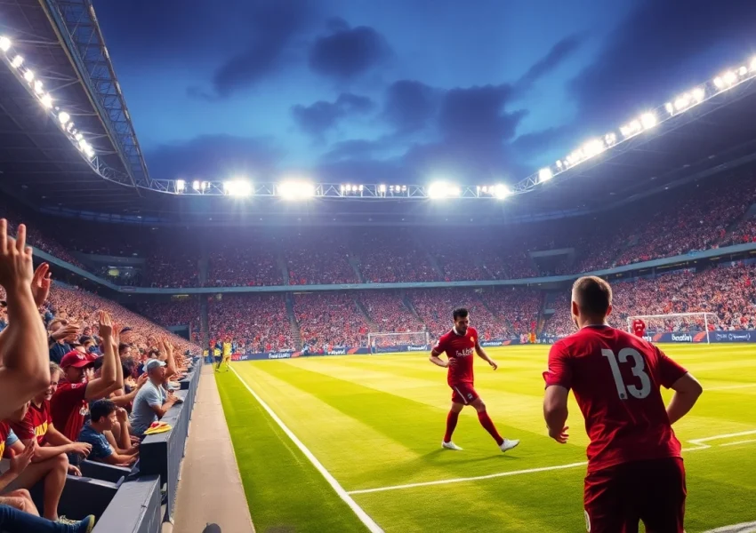 วิเคราะห์บอล with a captivating football match in action, highlighting intense gameplay and vibrant stadium atmosphere.