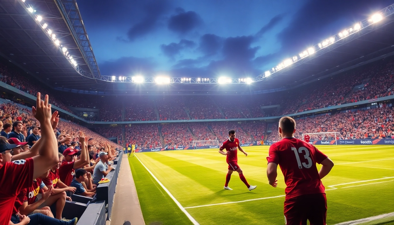 วิเคราะห์บอล with a captivating football match in action, highlighting intense gameplay and vibrant stadium atmosphere.