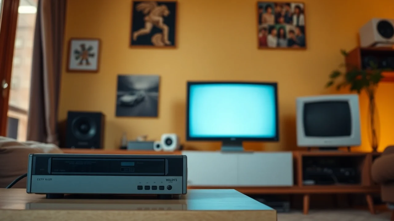 Convert VHS to Digital with a vintage VHS player and modern computer setup in a cozy home environment.