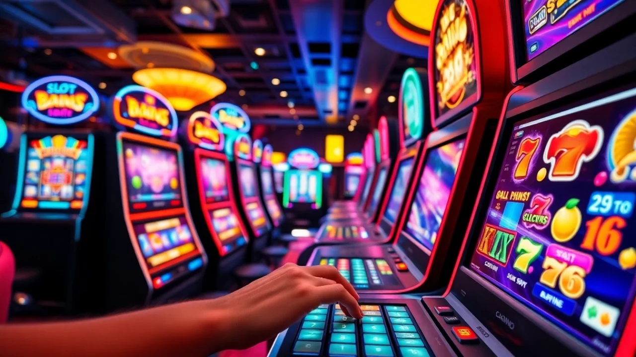 Berinteraksi dengan slot demo di kasino yang penuh warna dan menarik.