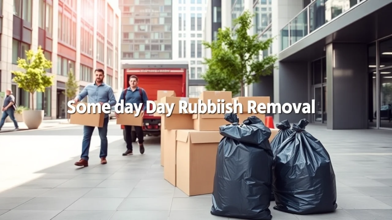 Professionals conducting Same Day Rubbish Removal services, showcasing efficient disposal of waste in an urban setting.