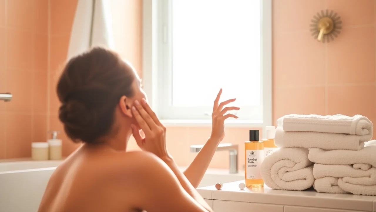Woman applying a hydrating facial mask in a bright, stylish bathroom for a refreshing skincare routine.