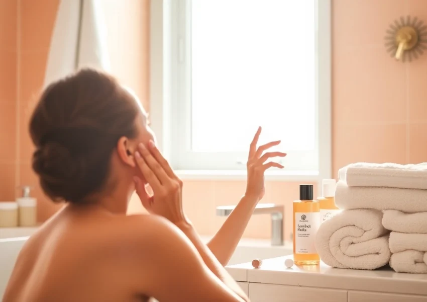 Woman applying a hydrating facial mask in a bright, stylish bathroom for a refreshing skincare routine.