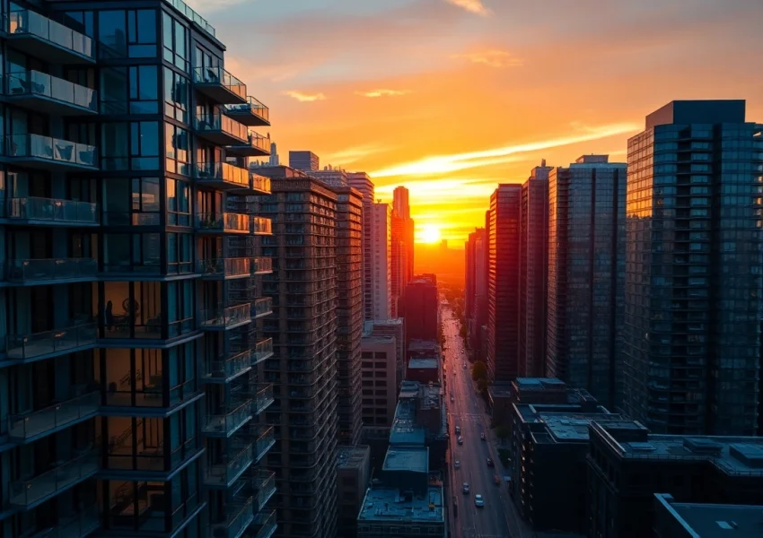 Experience luxury apartments Chicago with sleek architecture and stunning skyline views at sunset.