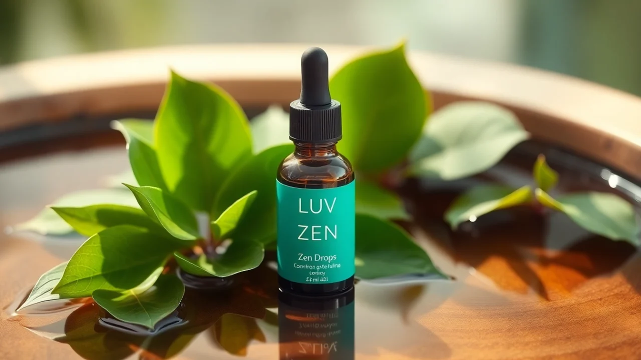 LUV Zen Drops bottle nestled among fresh greenery, promoting stress relief and relaxation naturally.