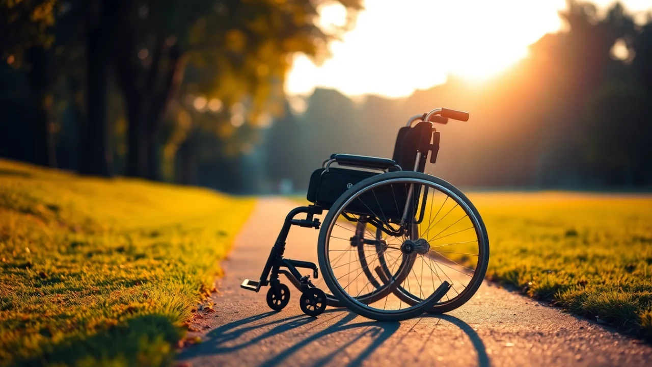 Manual wheelchair positioned on a scenic path, showcasing accessibility and outdoor freedom.