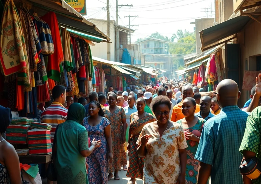 Nigeria news highlights a lively street market with colorful vendors and engaging community interactions.