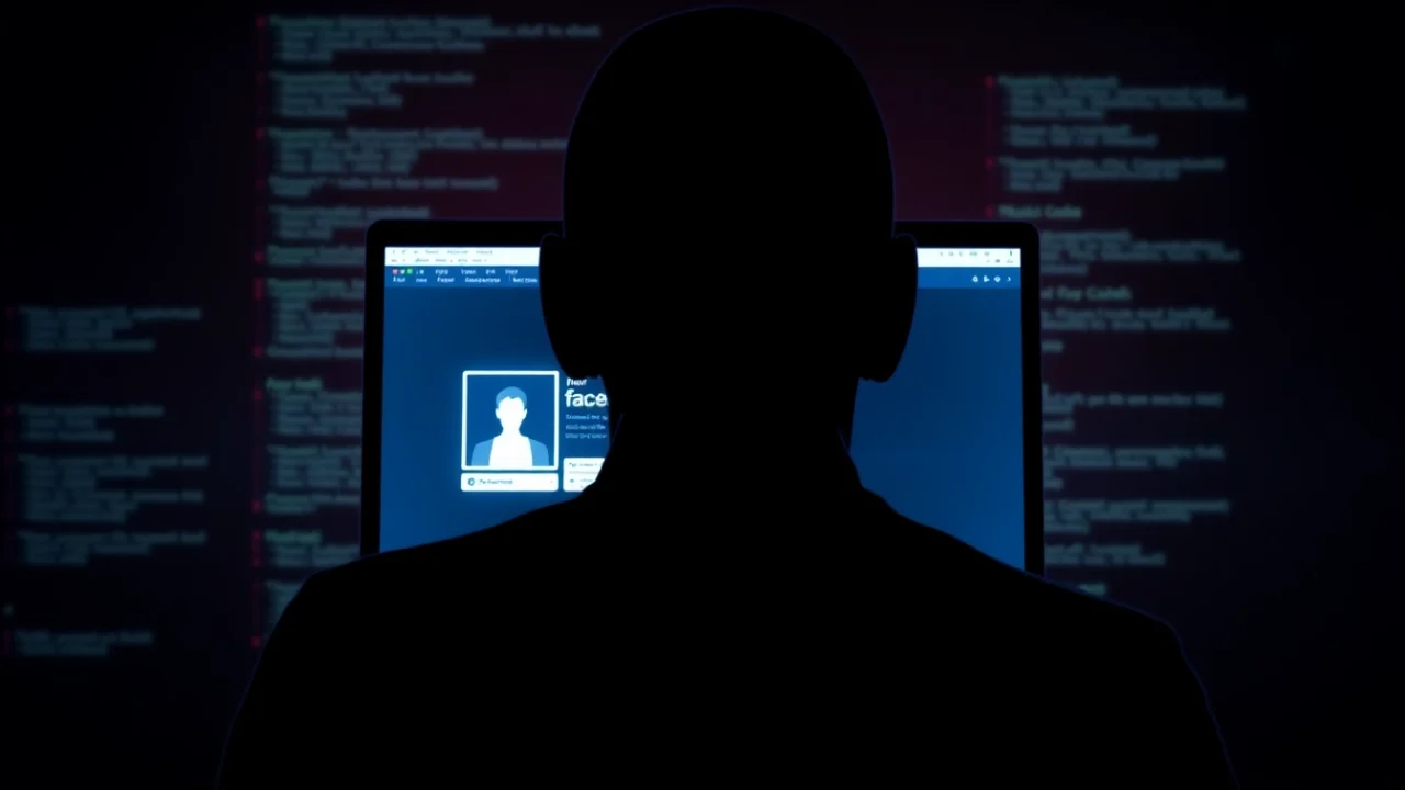 Hacker accessing Facebook account with neon-lit laptop, representing security threats.