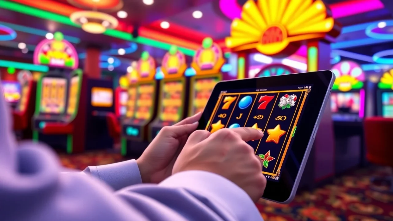 Menampilkan slot demo yang menarik dalam suasana kasino online yang cerah dan penuh warna.
