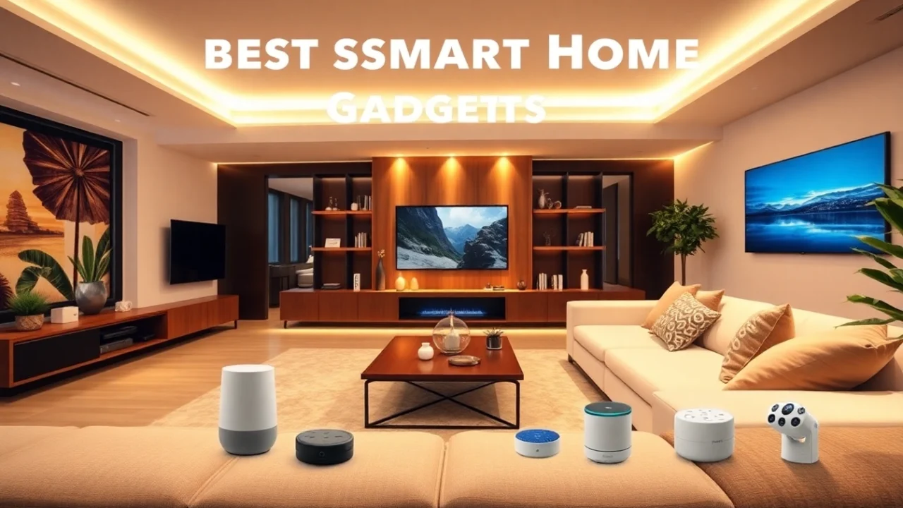 Showcase of best smart home gadgets including sleek smart speakers and cameras enhancing a modern living room.
