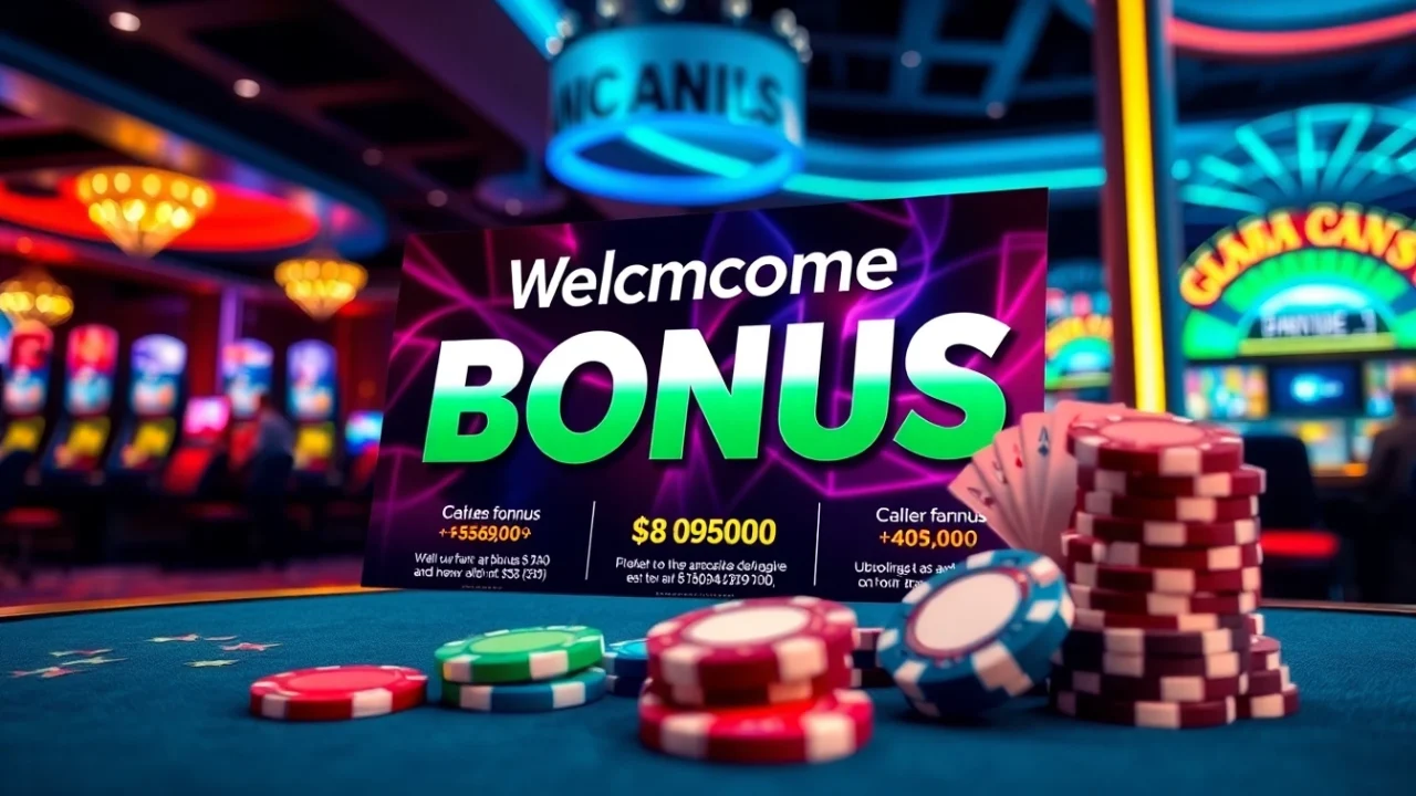 Discover an enticing welcome bonus offer featuring vibrant casino graphics and promotional materials.
