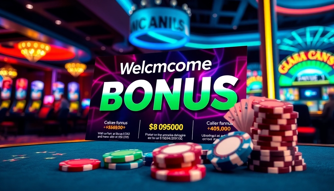 Discover an enticing welcome bonus offer featuring vibrant casino graphics and promotional materials.