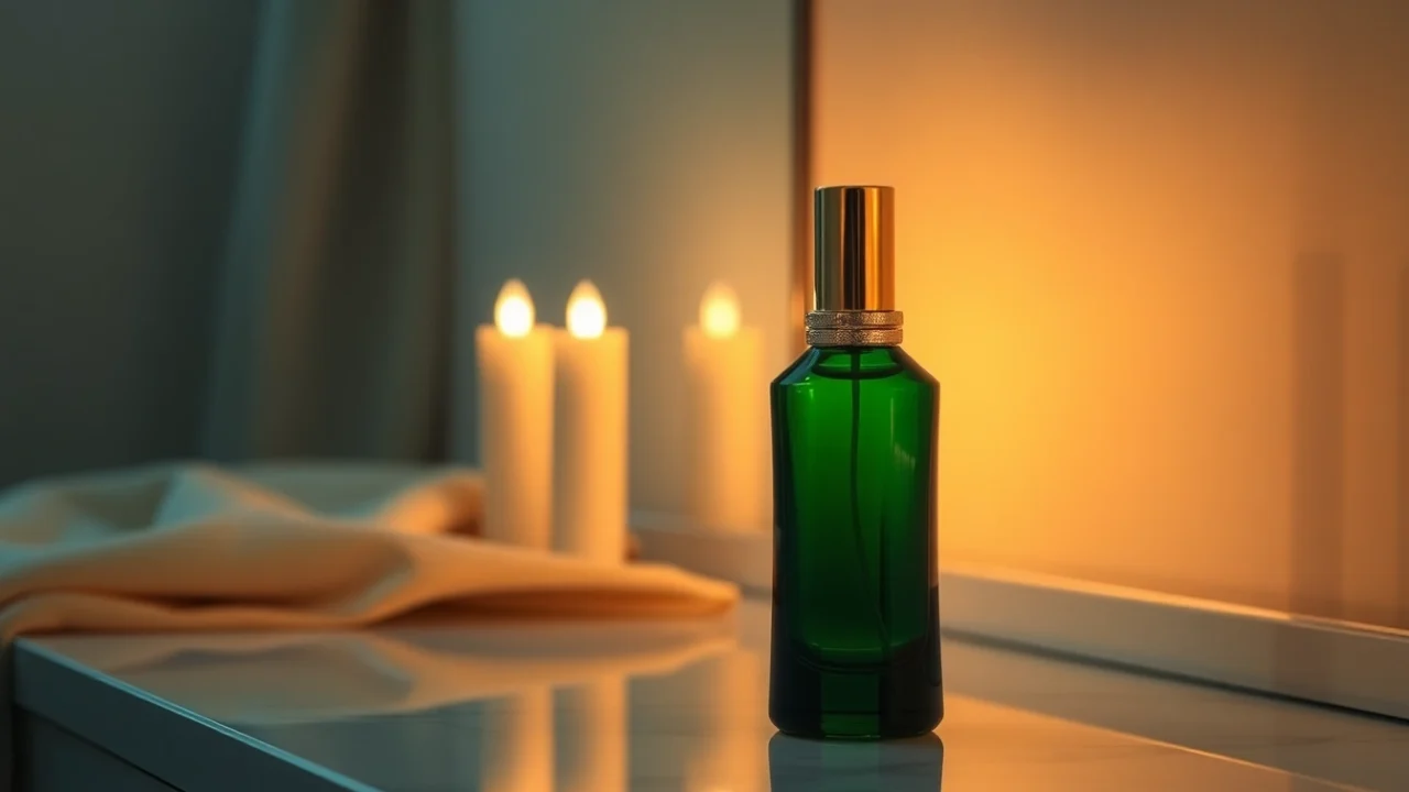 Billie Eilish perfume bottle, elegantly styled with green and gold hues, placed on a chic vanity.
