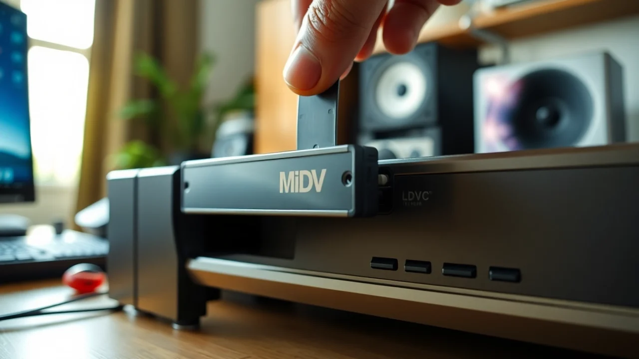 Convert Minidv to digital using a tape connected to a converter in a home office environment.