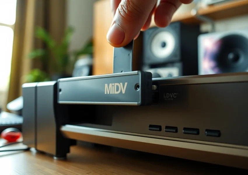 Convert Minidv to digital using a tape connected to a converter in a home office environment.