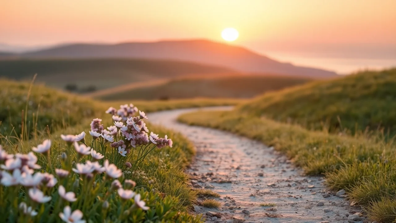 Personifying gentle ambition, this serene landscape depicts a nurturing journey toward a bright horizon.