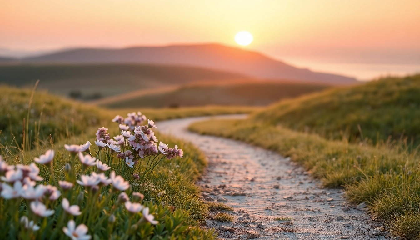 Personifying gentle ambition, this serene landscape depicts a nurturing journey toward a bright horizon.