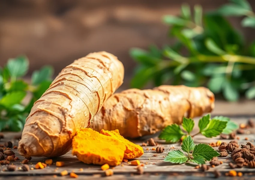 Highlighting turmeric root with vibrant spices in a rustic setting, showcasing its earthy appeal.