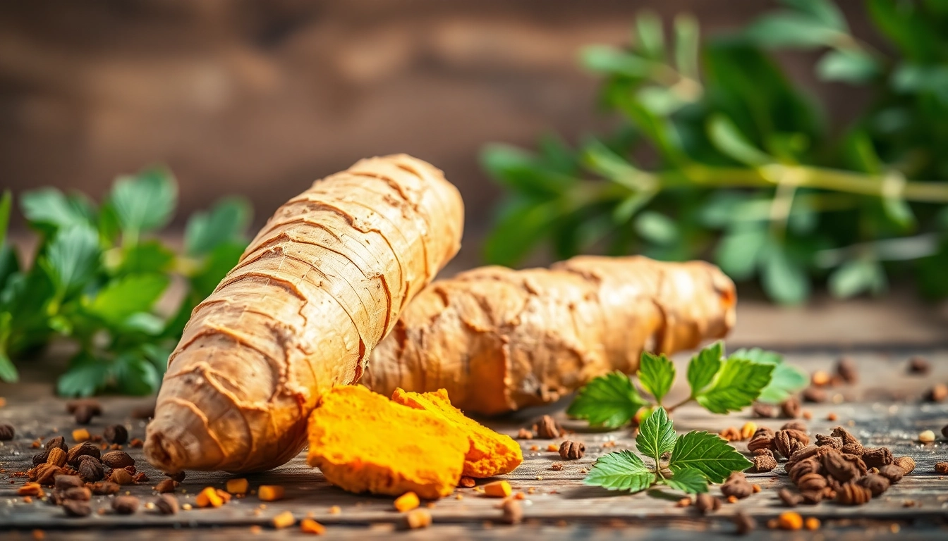 Highlighting turmeric root with vibrant spices in a rustic setting, showcasing its earthy appeal.