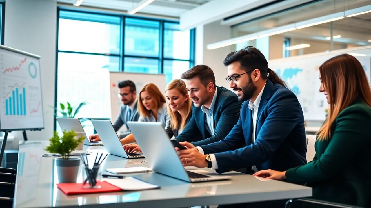 Startup fractional agency team collaborating in a modern office space for creative solutions.