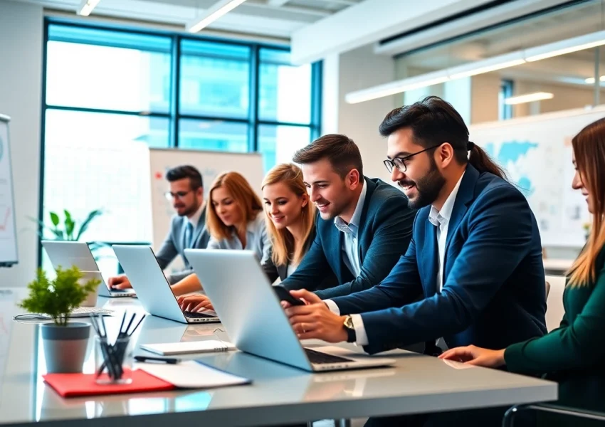 Startup fractional agency team collaborating in a modern office space for creative solutions.