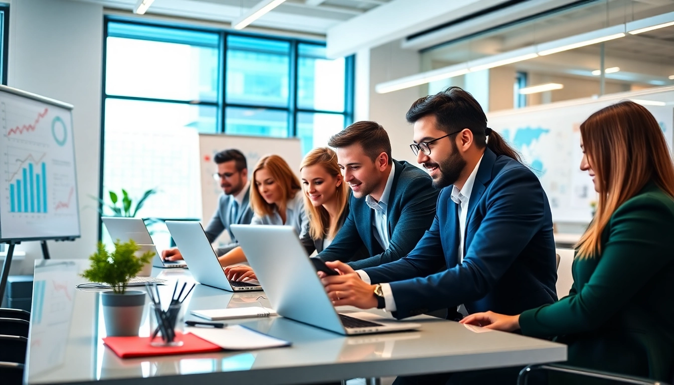 Startup fractional agency team collaborating in a modern office space for creative solutions.