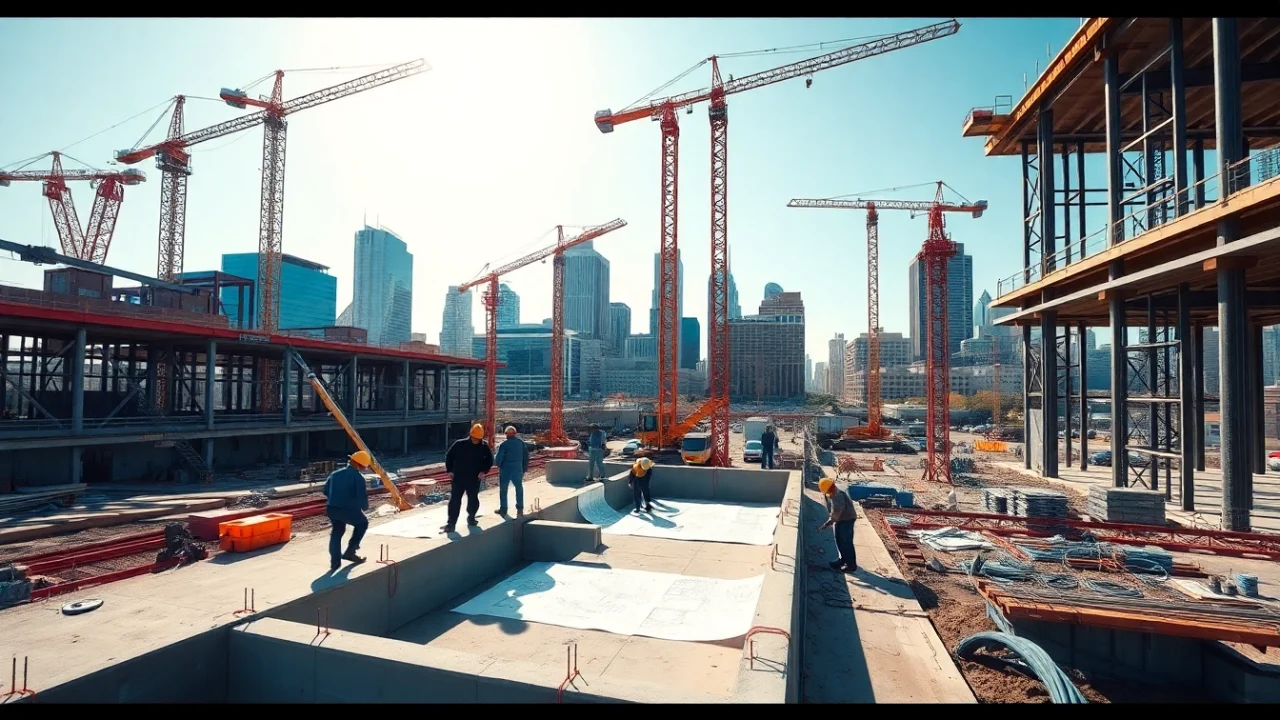 austin construction site with workers and cranes under bright sunlight