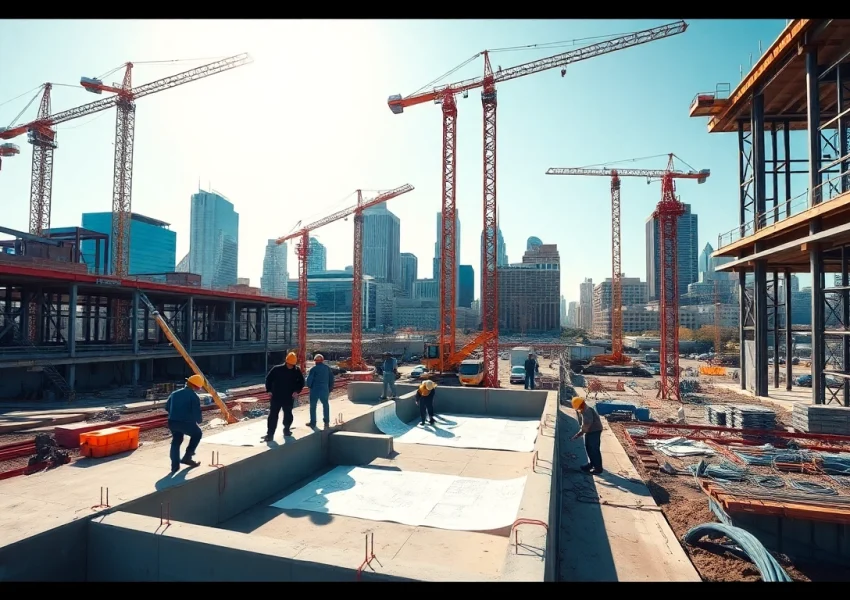 austin construction site with workers and cranes under bright sunlight