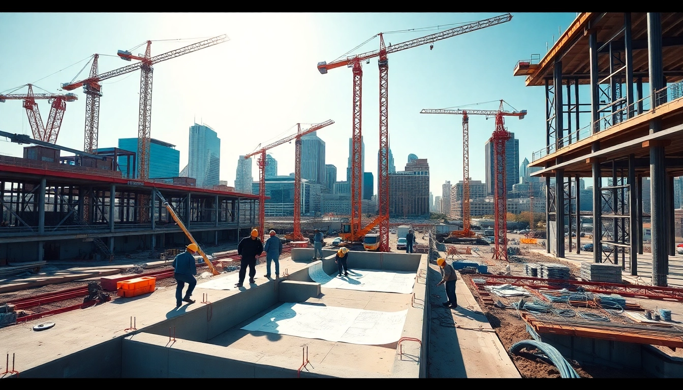 austin construction site with workers and cranes under bright sunlight