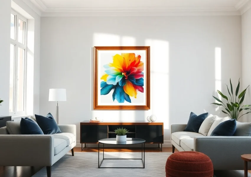 Showcase of a 20x30 frame with art in an inviting living room environment.