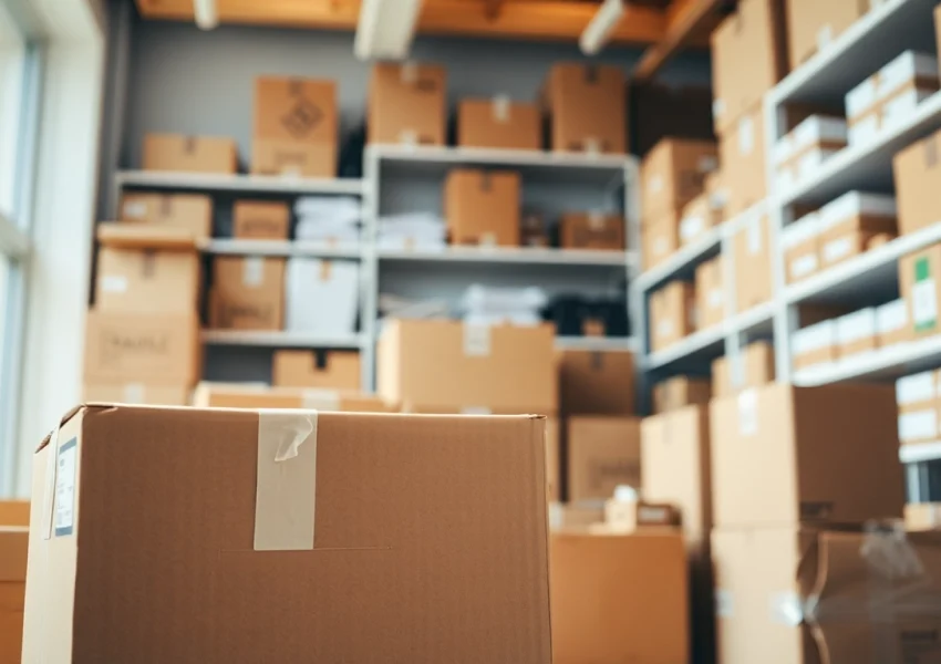 Showcasing various boxes for shipping in a bright packaging store, ideal for customer needs.