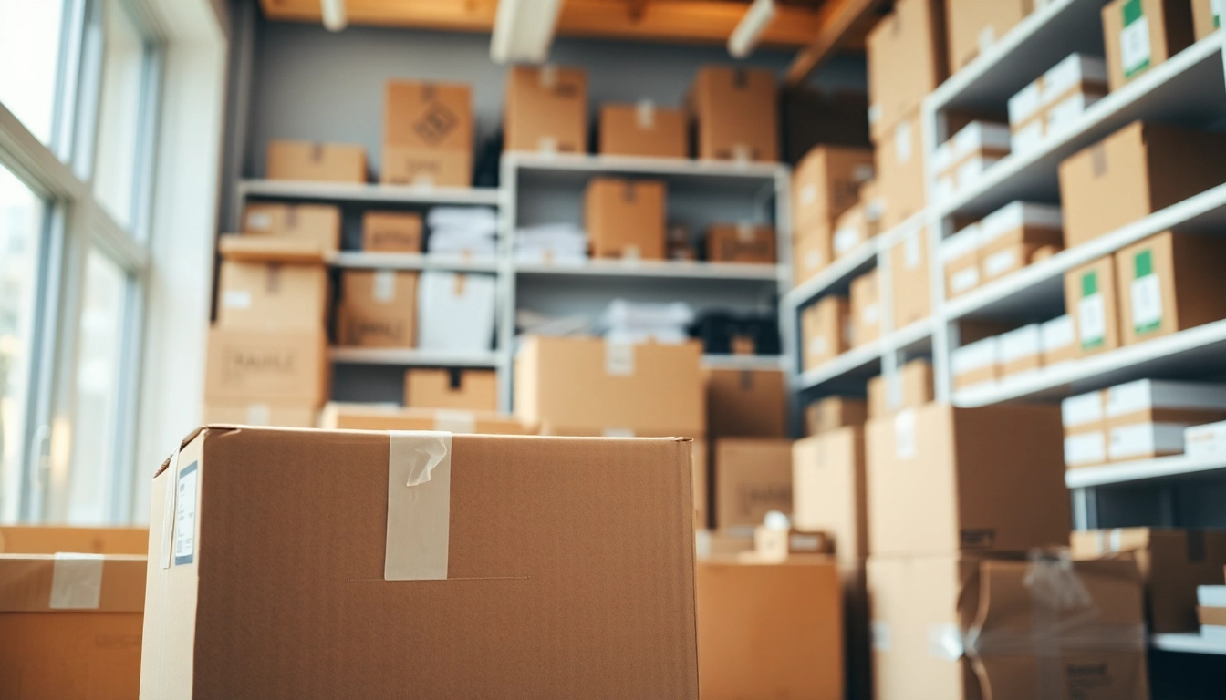 Showcasing various boxes for shipping in a bright packaging store, ideal for customer needs.