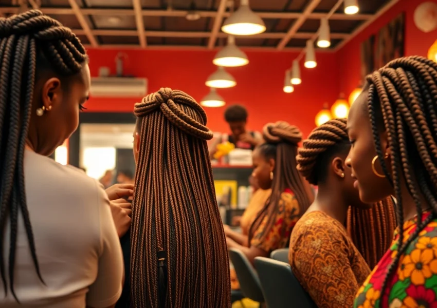 Best african braiding salon in near me providing a warm atmosphere with stylists braiding hair.