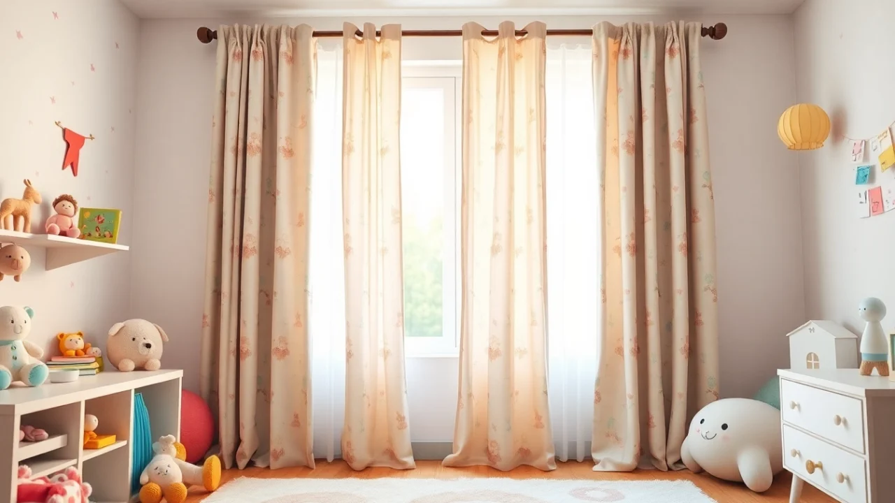 Brightly colored kids room curtains bringing joy and light into a cozy children's space.